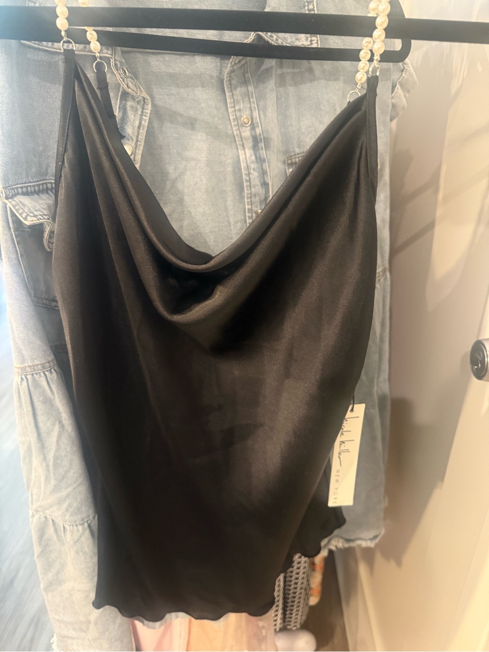 Nicole Miller Black Satin Cowl Neck Tank with Pearl-Style Straps